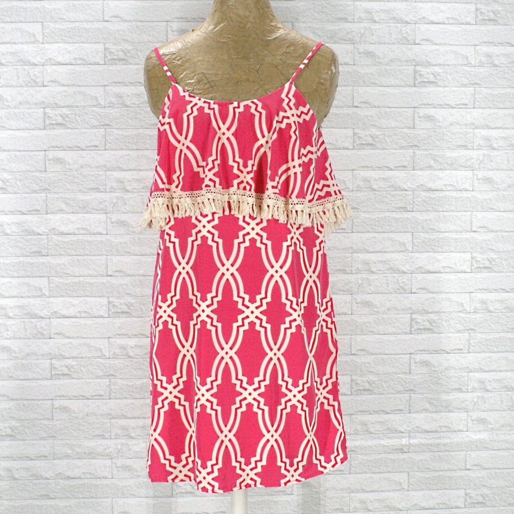 PEACH LOVE CALIFORNIA Pink Popover Dress Boho Fringe Sundress Flowy Tunic Small